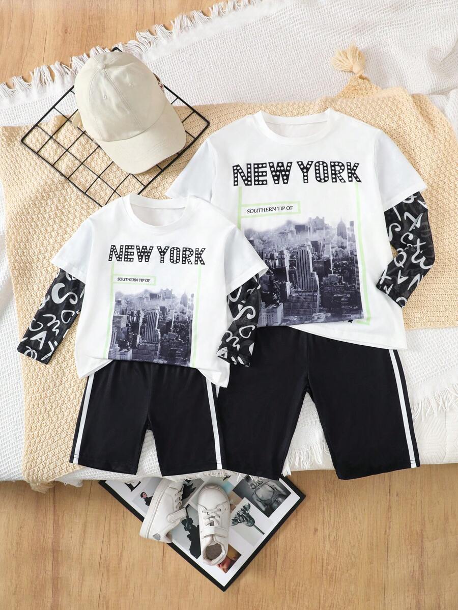 SHEIN Conjunto de ocio para niña, compuesto por top de malla con cuello redondo con estampado de graffiti de ciudad y letras en inglés, y pantalones skinny negros, estilo urbano.