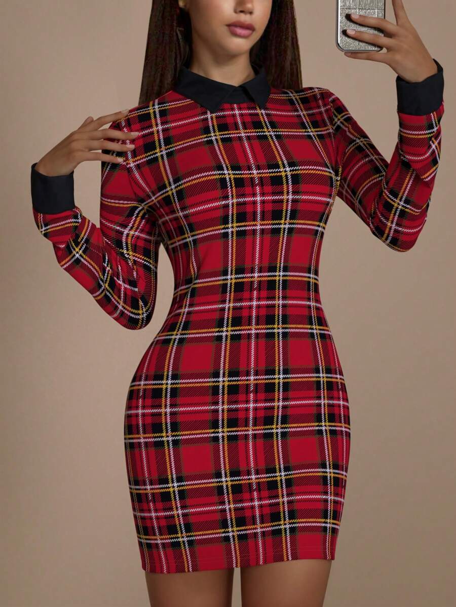 SHEIN ICON Women's Elegant Long Sleeve Collared Colorblock Plaid Dress