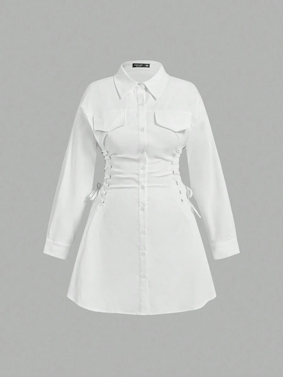 SHEIN MOD White Shirt Dress With Side Tie Short Length For Plus Size Women,White Collar Side Slit Tie Waist Shirt Dress, Long Sleeve Dress, Holiday Outfits,Holiday Women Outfits