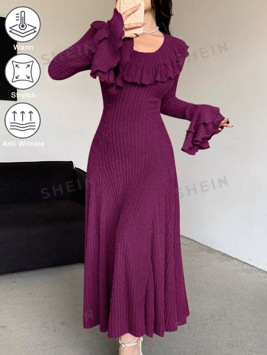 Mulvari Vestido casual de mujer de unicolor con volantes, moda minimalista para uso diario