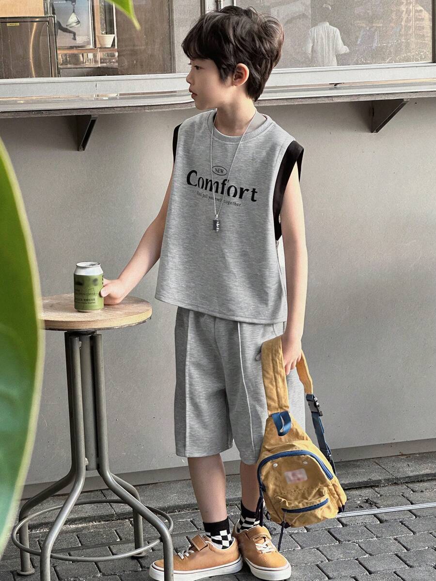 DAZY 2pcs Tween Boys Solid Color Patched Round Neck Letter Print Simple Top And Pants Set,Back To School Clothes