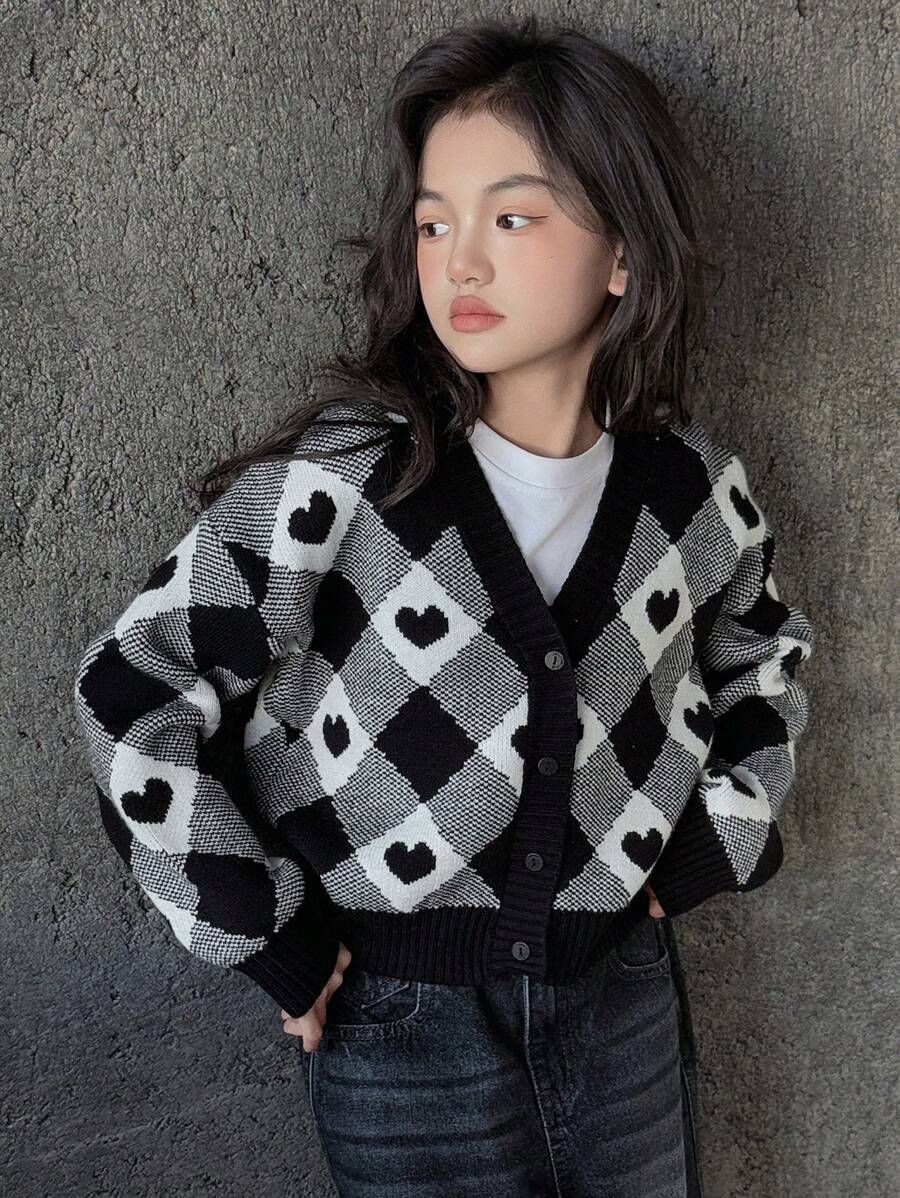 DAZY Tween Girl Drop Shoulder Long Sleeve Color Block Heart Pattern Plaid Cardigan,Back To School Clothes