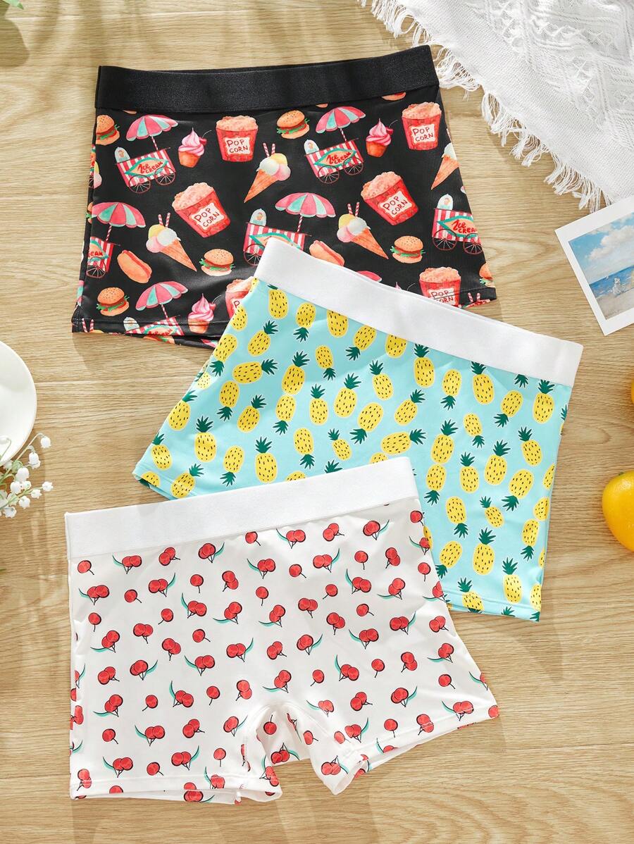 3 pièces/set Culottes de taille moyenne imprimées exotiques et amusantes pour adolescentes