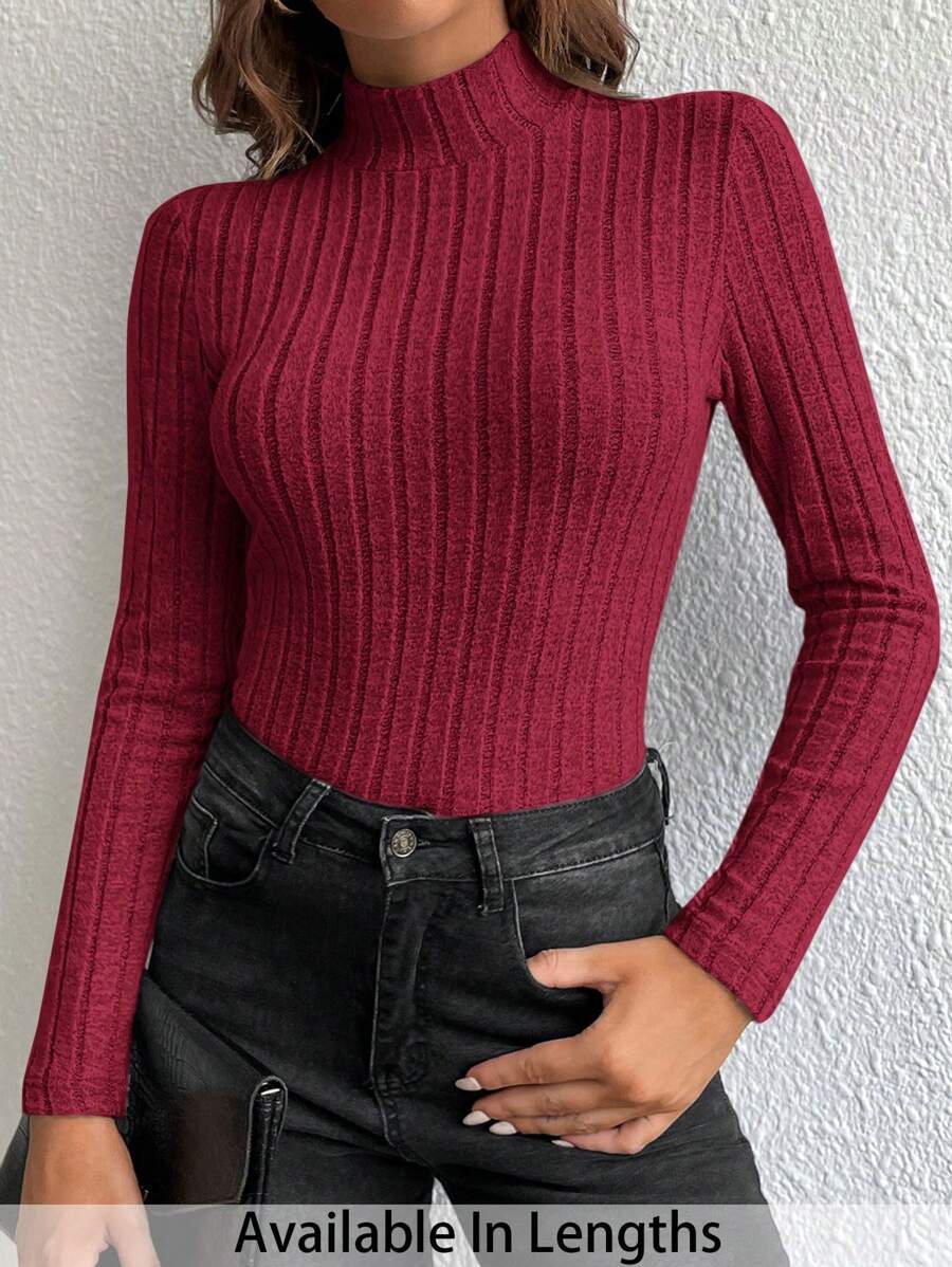 SHEIN Tall CURVE PLUS Solid Mock Neck Ribbed Knit Tee