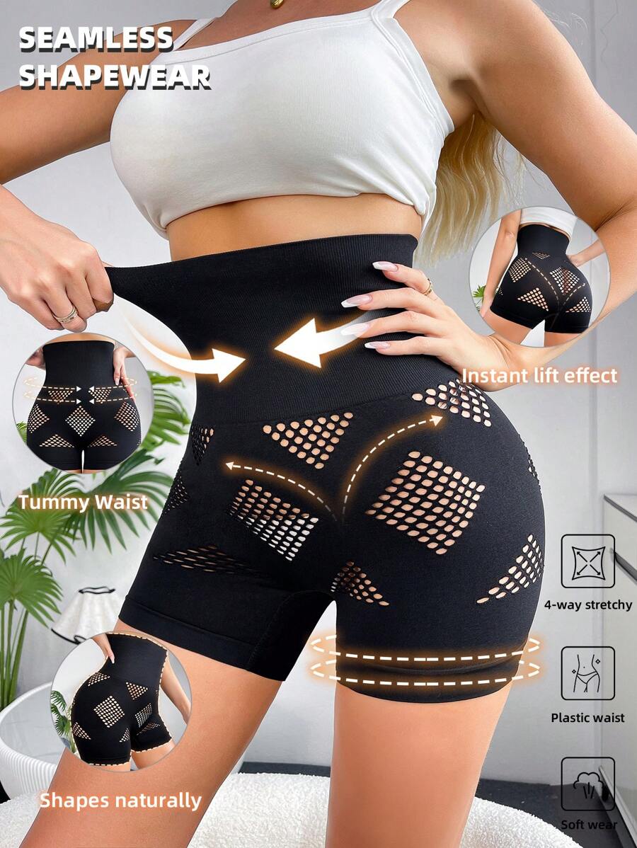 Short de cintura alta de unicolor con diseño calado, prenda moldeadora para mujer