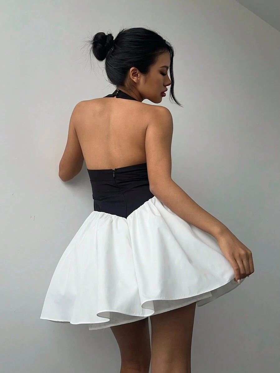 Aloruh Black & White Contrast Color Halter Party Short Dress, Elegant For Women, For Graduation