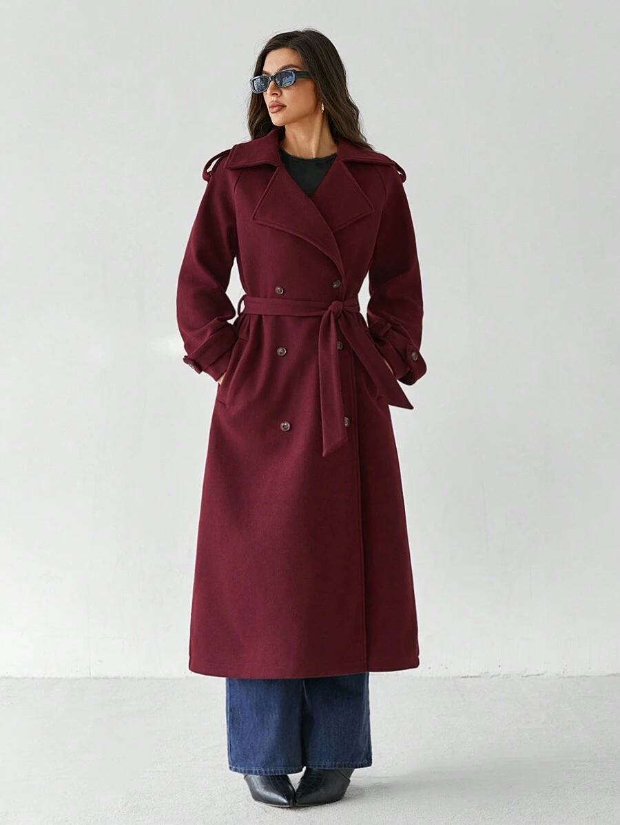 SHEIN Tall Chaqueta larga de manga larga con botones delanteros sencilla de color borgoña, abrigo largo de lana burdeos vintage de uso casual diario, abrigado y grueso para disfraces de invierno de Acción de Gracias, Halloween, Navidad y otoño para mujeres