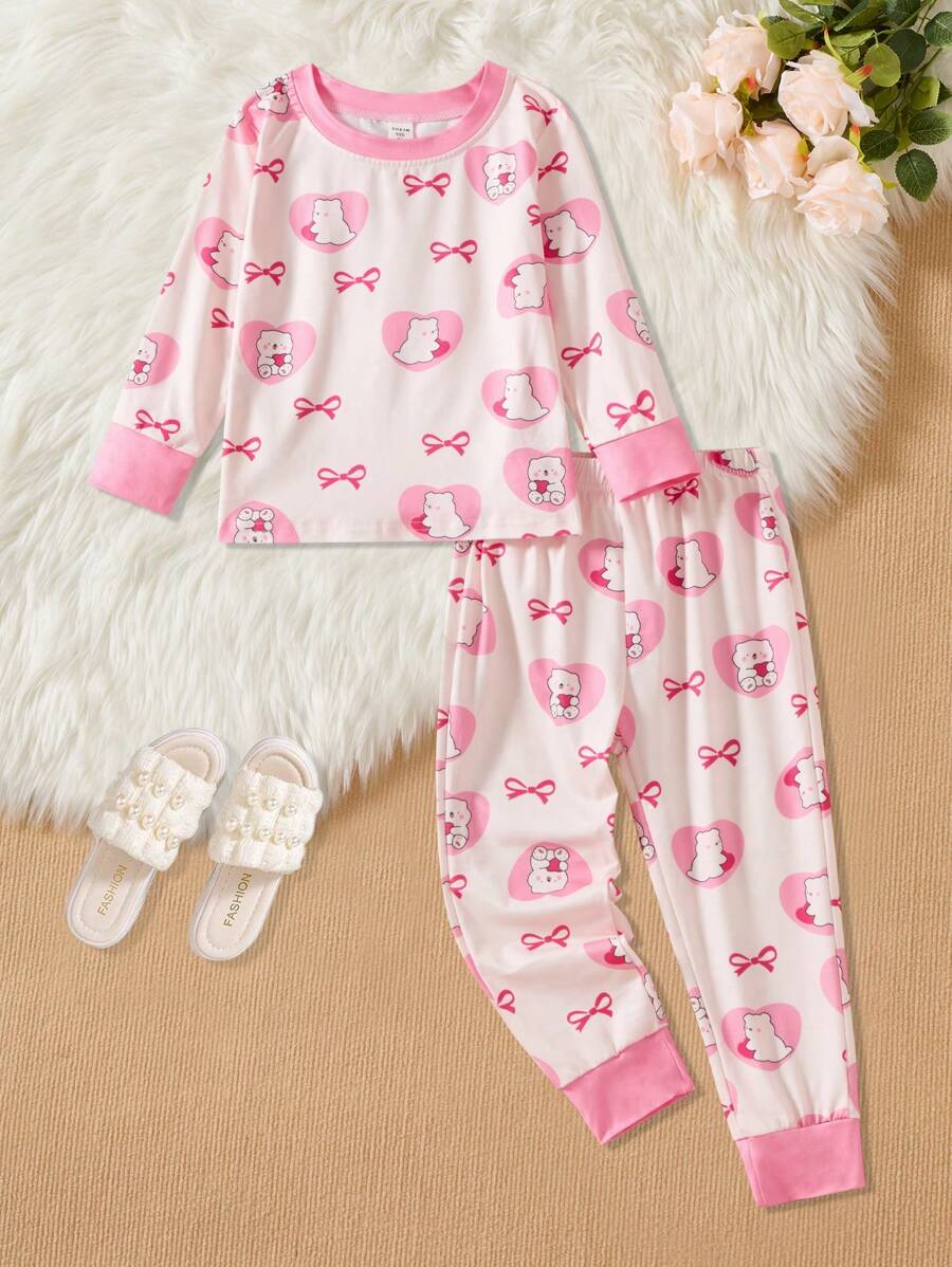 Young Girl Bow Print Crew Neck Long Sleeve Pajama Set: Top And Bottoms