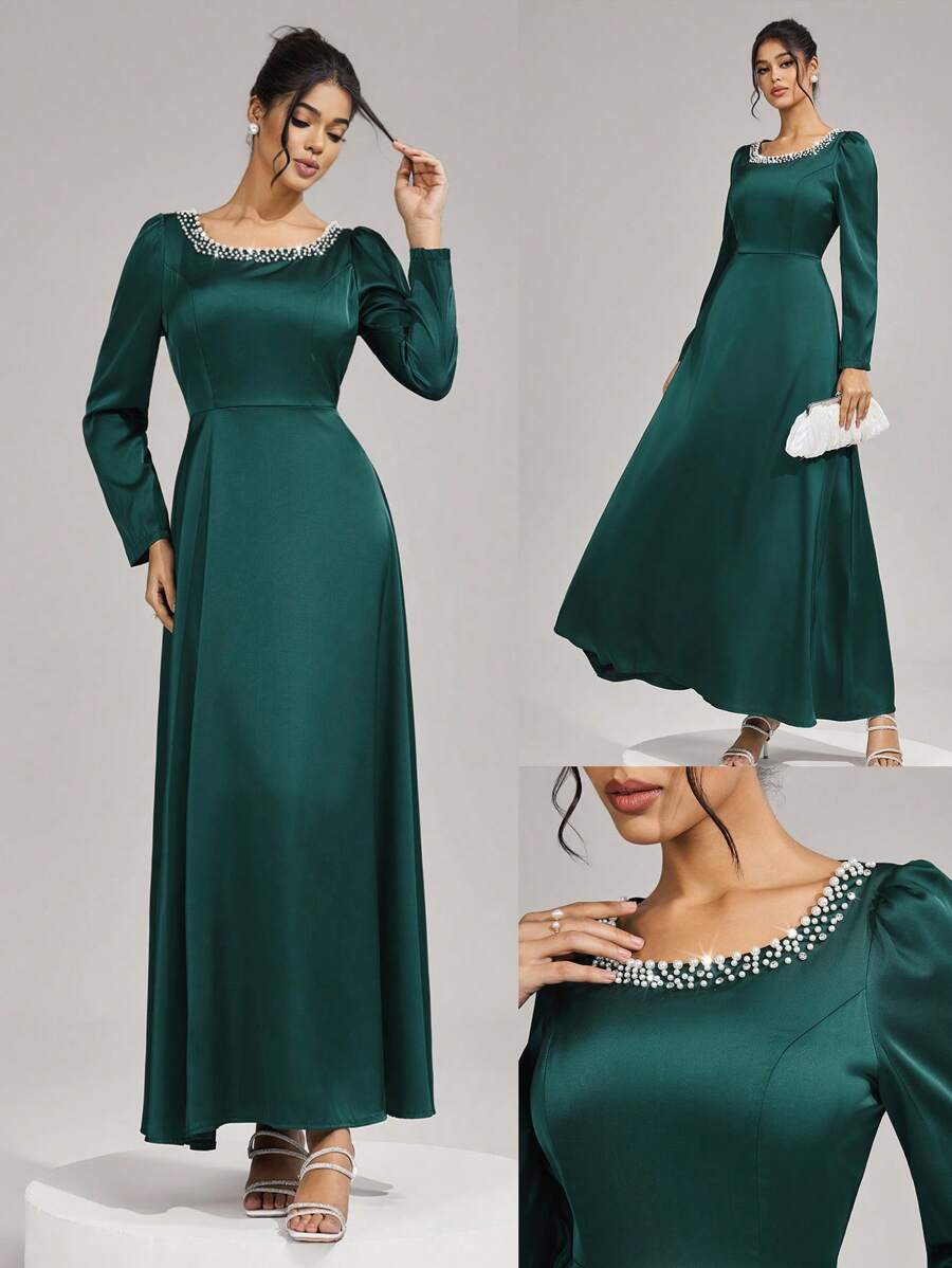 SHEIN Belle New Elegant Solid Color Beaded Decor Long Sleeve Waist Cinching Slim Fit Dress Luxury Evening Gown, Sequin And Pearl Cuff Design, Elegant Party Dress For Ladies, Long Sleeve Formal Dress, For Wedding Guest, Graduation, Dinner, Prom Dress