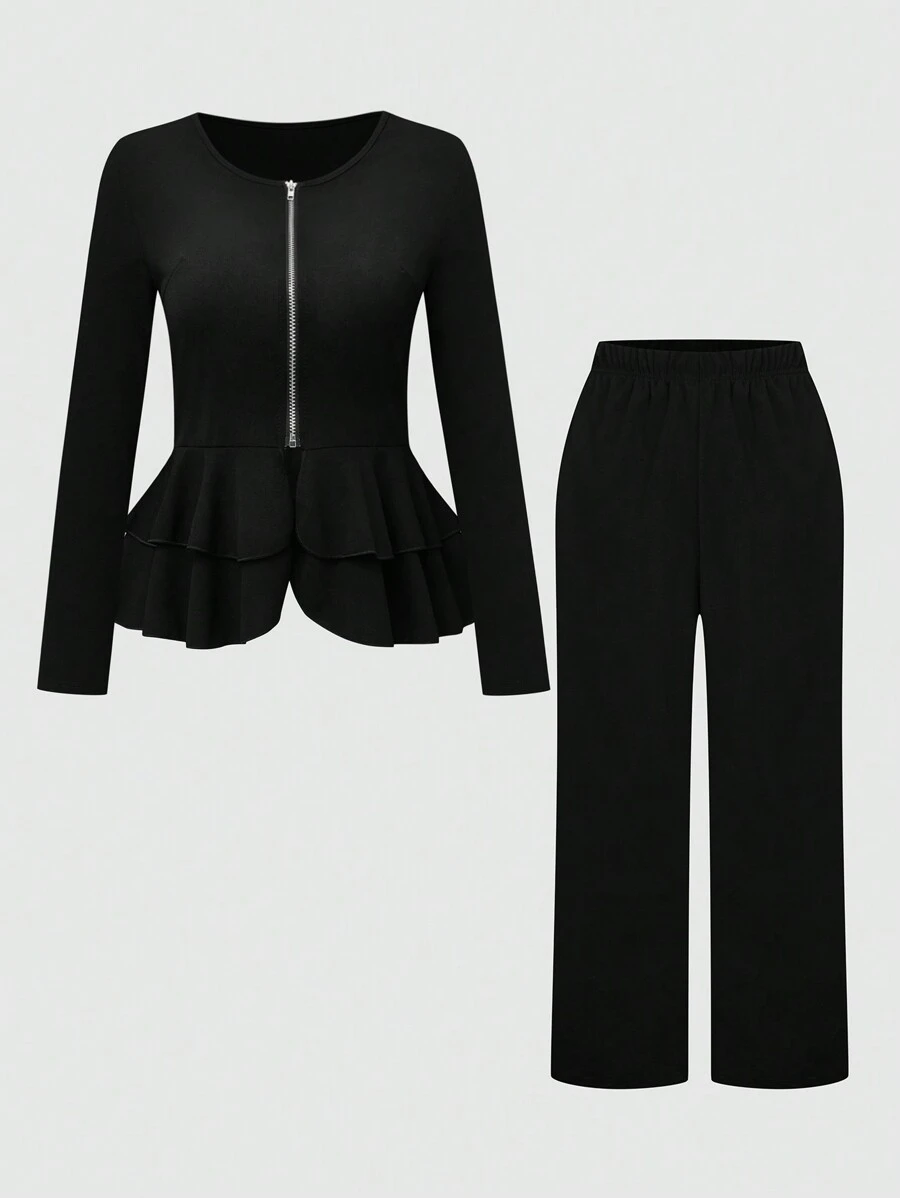 SHEIN Clasi Plus Size Solid-Color Front Zipper Long Sleeve Top And Pants Set