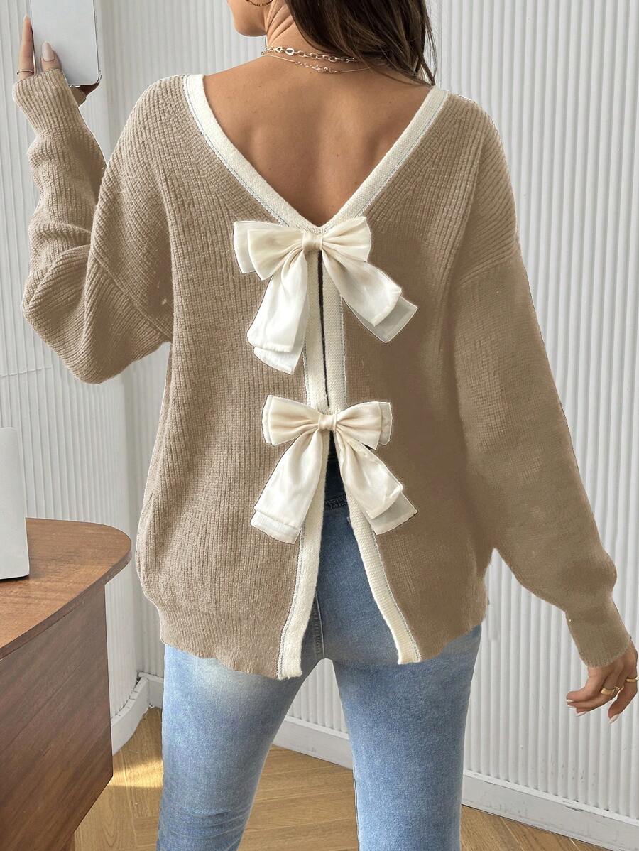 SHEIN Pregnant Women Plain Color Patchwork Long Sleeve Casual Sweater With Bowknot Decor