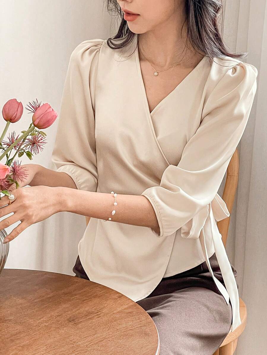 DAZY Elegant French Style V-Neck Satin Long Sleeve Tie-Waist Blouse For Women