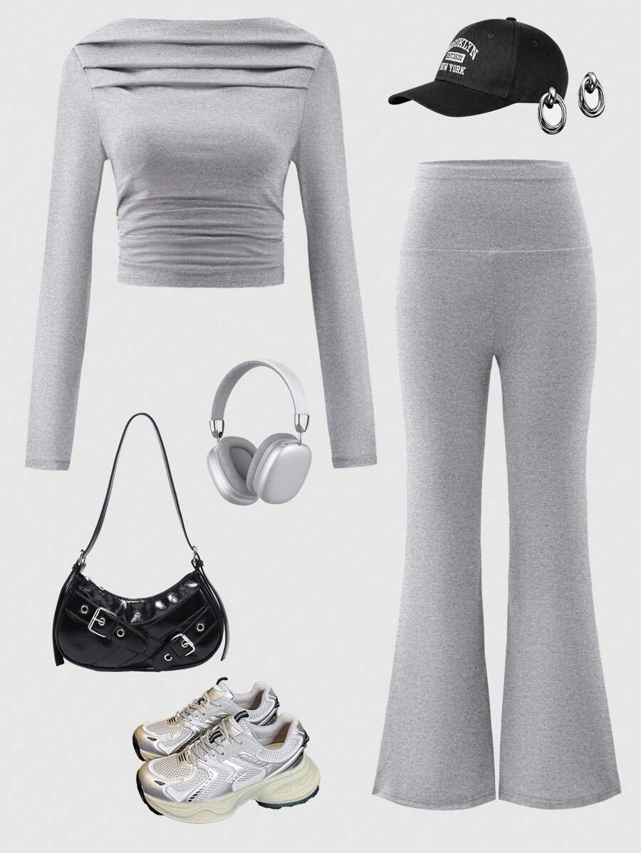 Teen Girl Elegant Light Gray High Elastic Comfortable Off-Shoulder Outfit Set, Suitable For Spring & Autumn
