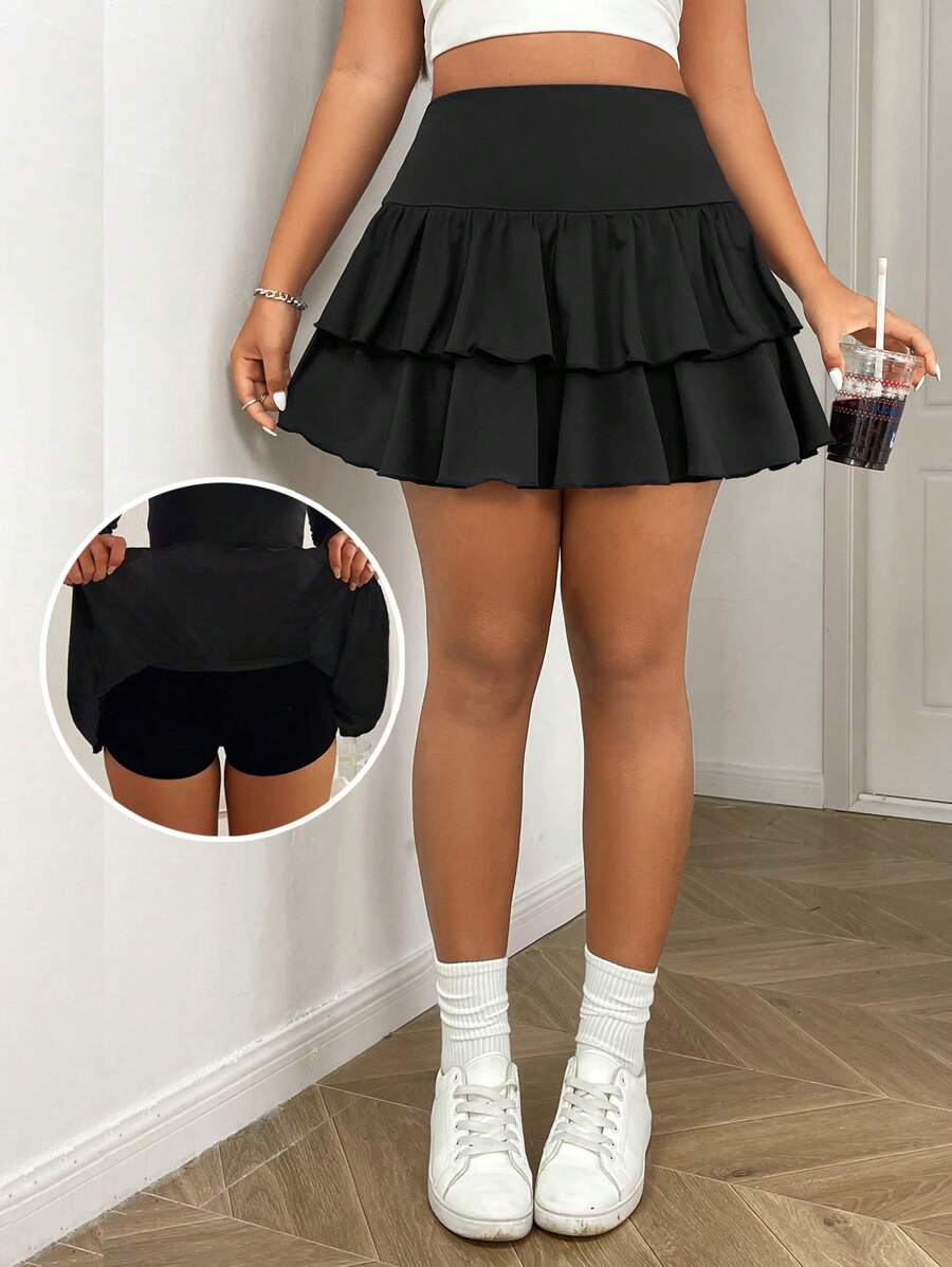 SHEIN EZwear Falda negra casual y versátil con volantes y capas para tallas grandes