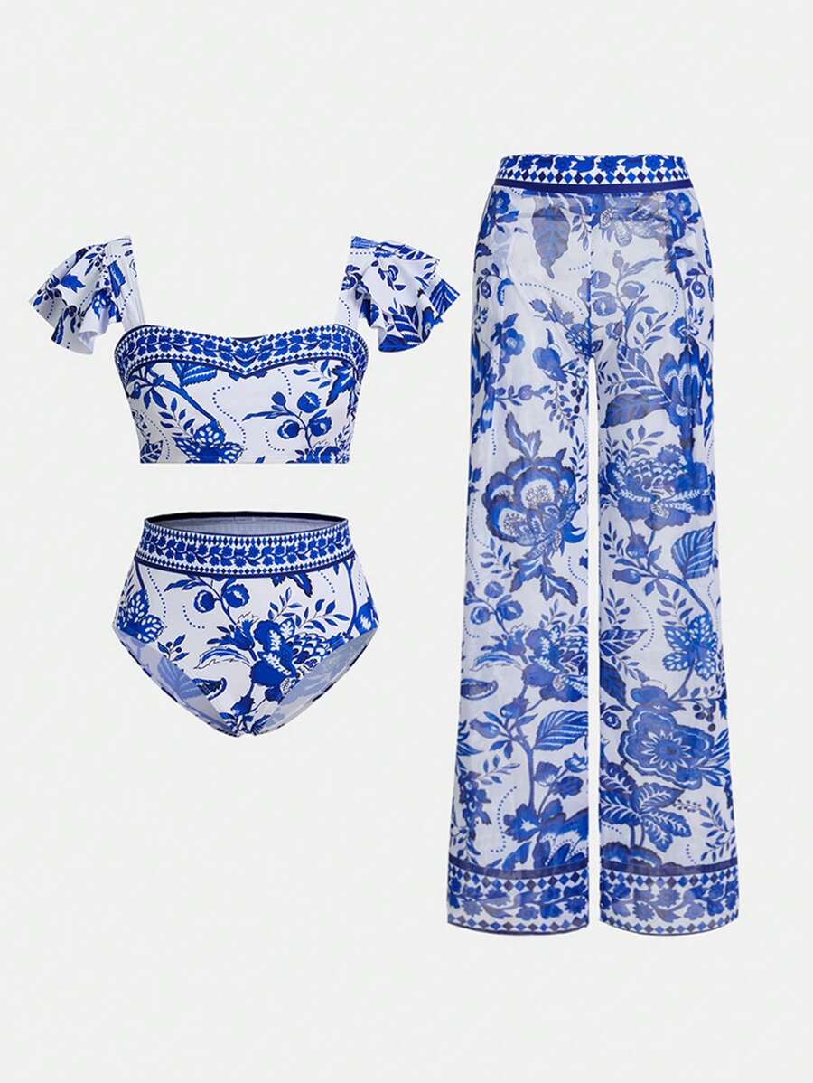 Swim Oasis 3pcs Women's Vacation Beach Floral Print Bikini Set Summer