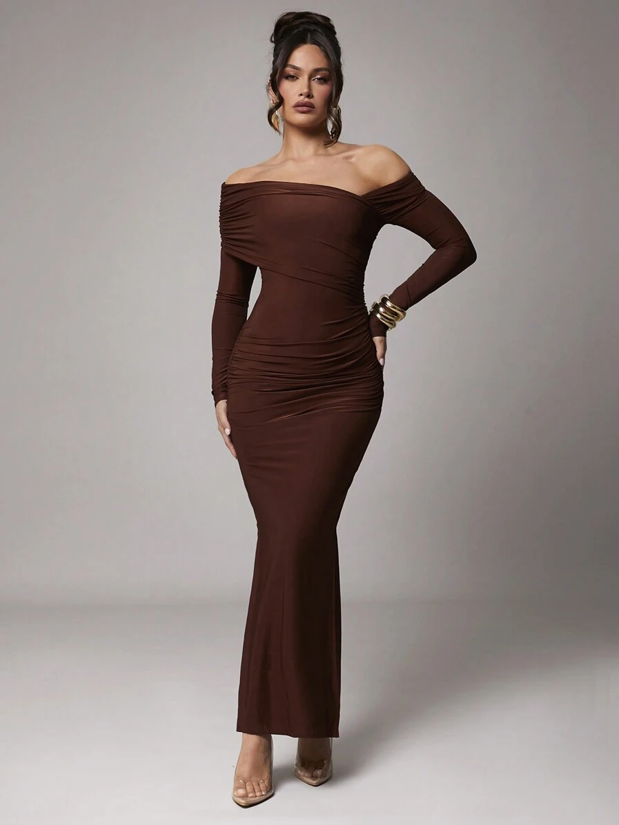 Silquee Women Elegant Solid Color Long Sleeve Shift Dress For Casual, Date, Party, Coffee Brown, Dresses For Women, Dress, Christmas Clothes Women