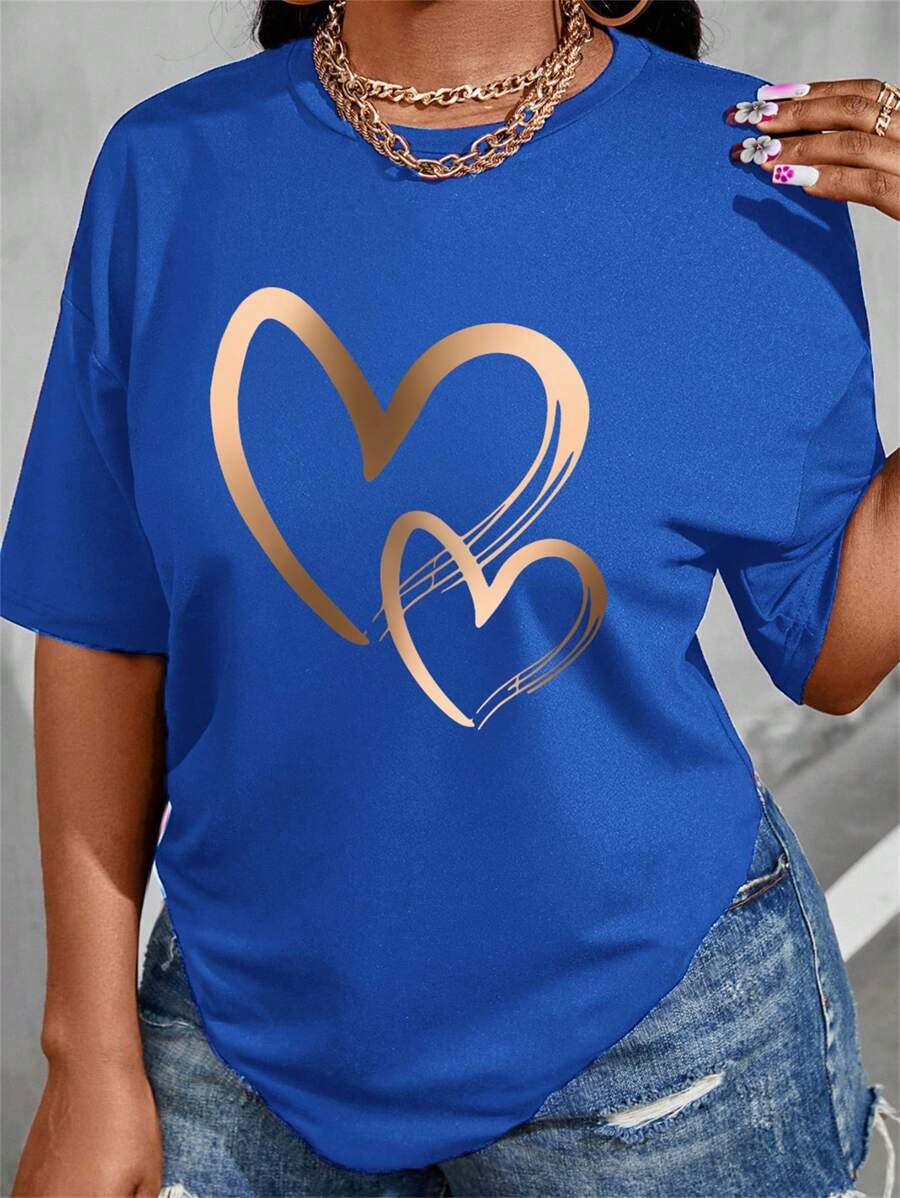 Maweii Plus Size Solid Color Heart Printed Casual Short Sleeve T-Shirt With Round Neck For Spring And Summer Graphic Tees Women Tops