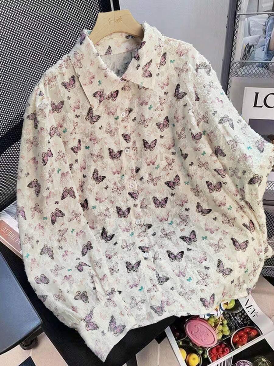 Calvaya 1pc Women Plus Size Loose Cutout Colorful Butterfly Casual Long Sleeve Shirt