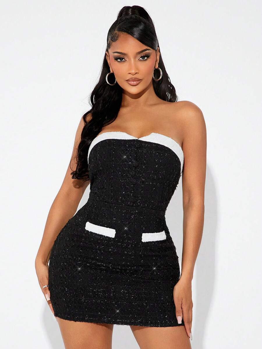 SHEIN SXY Vintage Two-Tone Blend Bodycon Mini Dress, Sexy & Cute, Autumn/Winter