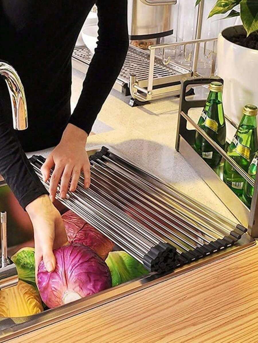 1 Pc Over The Sink Dish Drying Rack, Roll Up Dish Drying Rack Kitchen Dish Rack Stainless Steel Sink Drying Rack, Foldable Dish Drainer Folding Stainless Steel Drain Rack For Sink, Multifunctional Bowl, Plate, Vegetable And Fruit Storage, Drain Curtain For Kitchen,Black(9/11/13in)