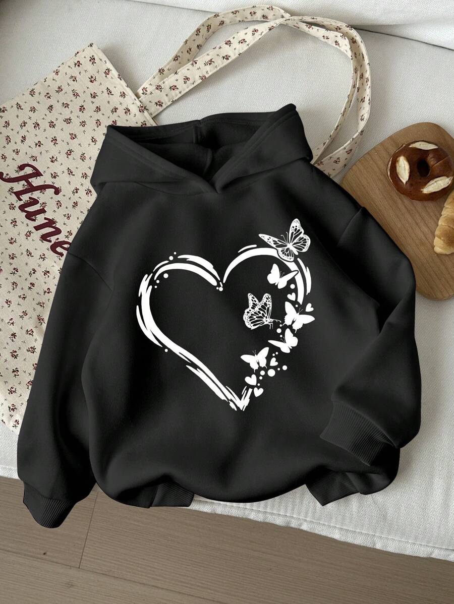 SHEIN Heart & Butterfly Print Tween Girls' Casual Long Sleeve Hoodie Sweatshirt, Suitable For Autumn/Winter