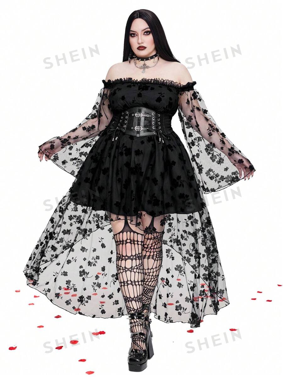 Whyspr Vestido sexy asimétrico de talla grande con diseño de nicho, color negro sólido, encaje, hombros descubiertos y bajo maxi para outfit gótico de mujer