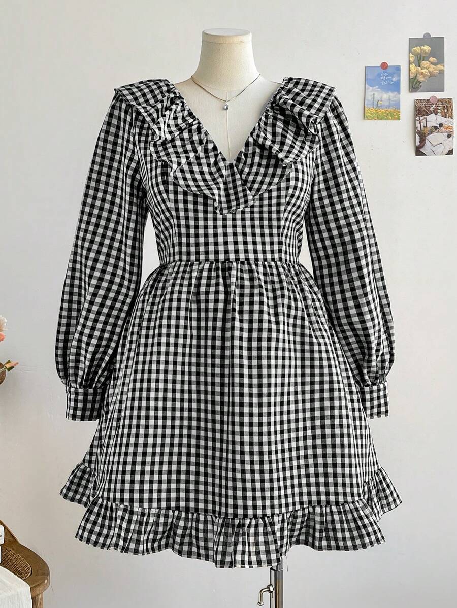 Soleia Plus Size Women Plaid V-Neck Ruffle Hem Double Layer Shirt Dress, Casual Holiday Outfit For Autumn/Winter & Valentine's Day