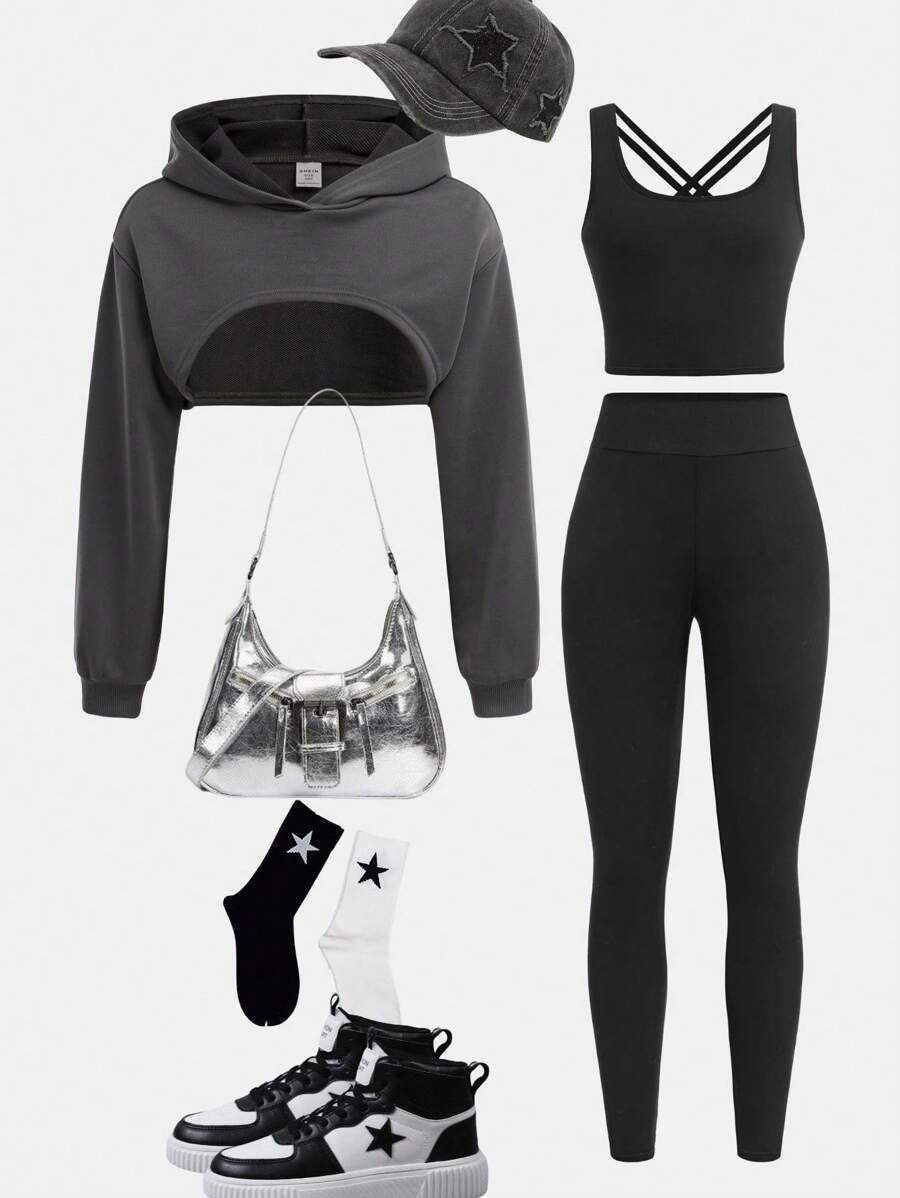 Conjunto de 3 piezas para niñas preadolescentes: sudadera con capucha corta y relajada, chaleco con tirantes cruzados y leggings elásticos ceñidos, estilo deportivo casual