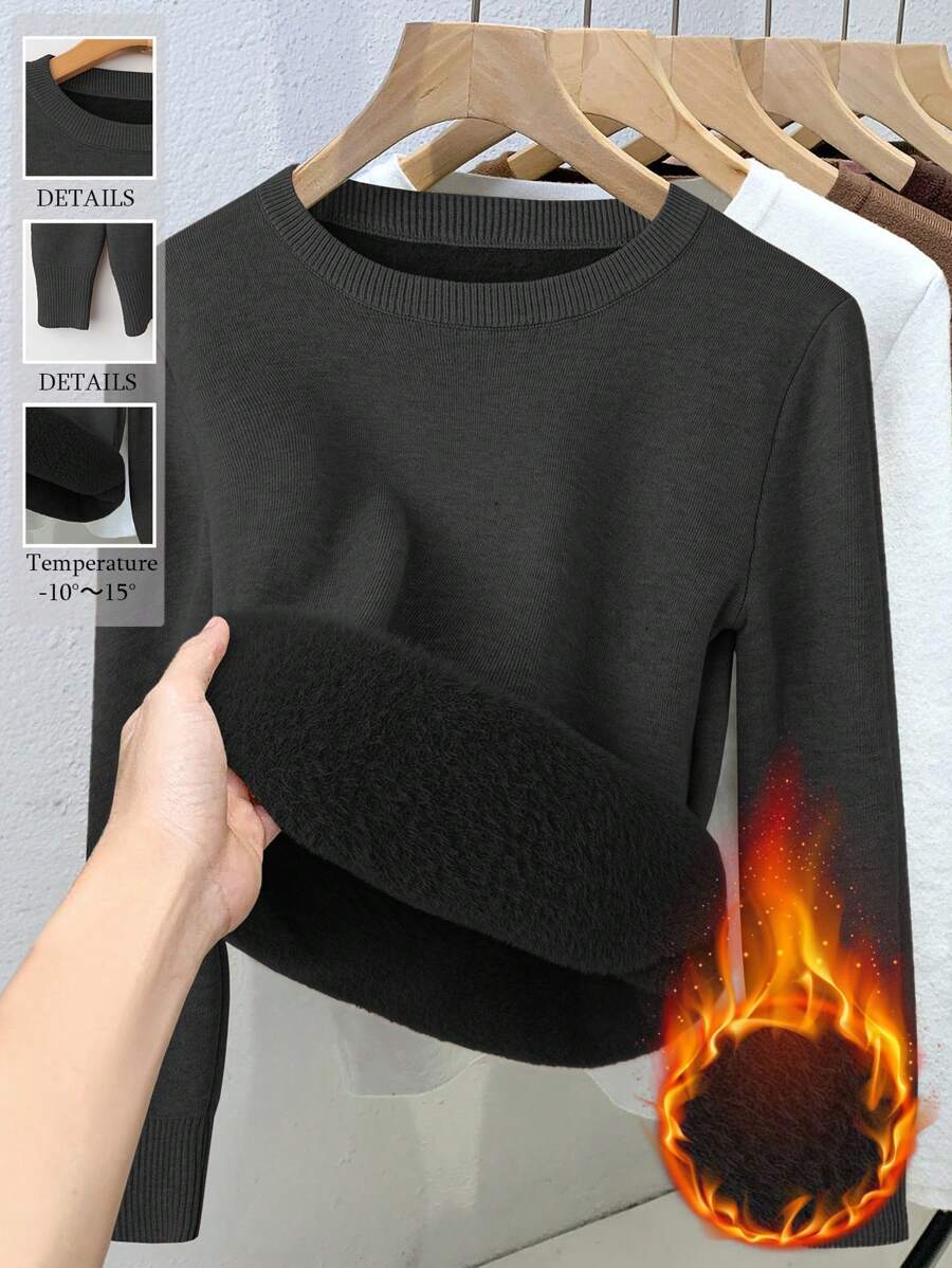 Chiquease Women Fitted Raglan Sleeve Crew Neck Sweater With Thermal Lined