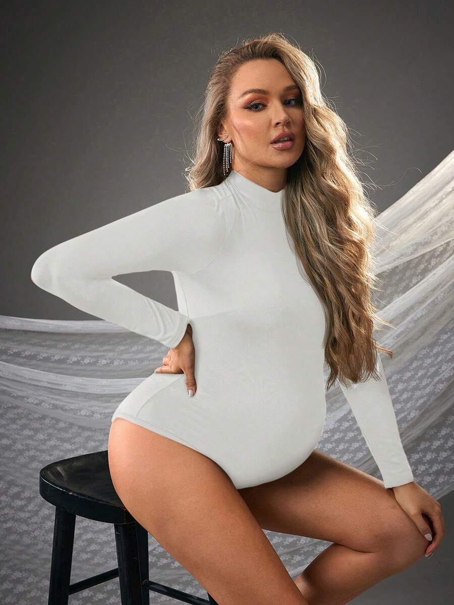 Cheriluna Maternity Body de grossesse en col montant unicolore, manches longues, style casual, pour séance photo de grossesse