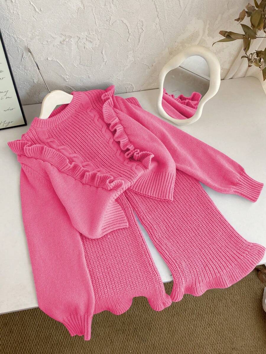 2 pièces Top de sweater à manches longues avec col volant et pantalon en tricot de couleur unie, ensemble pour préadolescentes