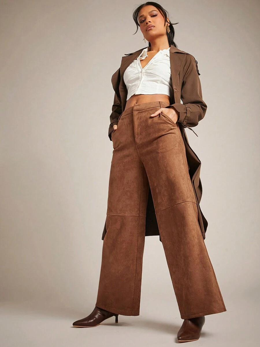 SHEIN Unity Women Solid Color High Waist Pockets Wide Leg Loose Casual Faux Suede Palazzo Pants