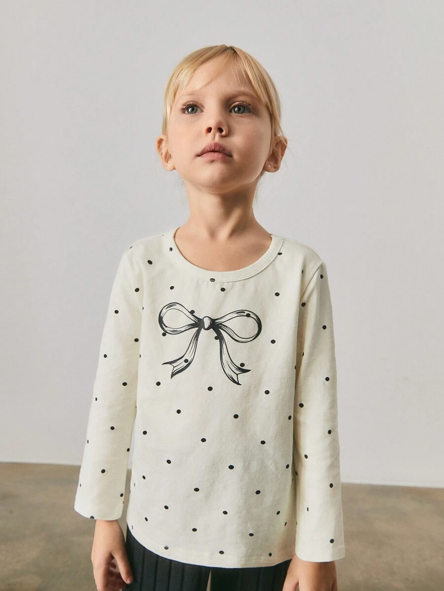 Maija Kids Maija Kids Camiseta informal de cuello redondo para niña con diseño de lunares y lazo