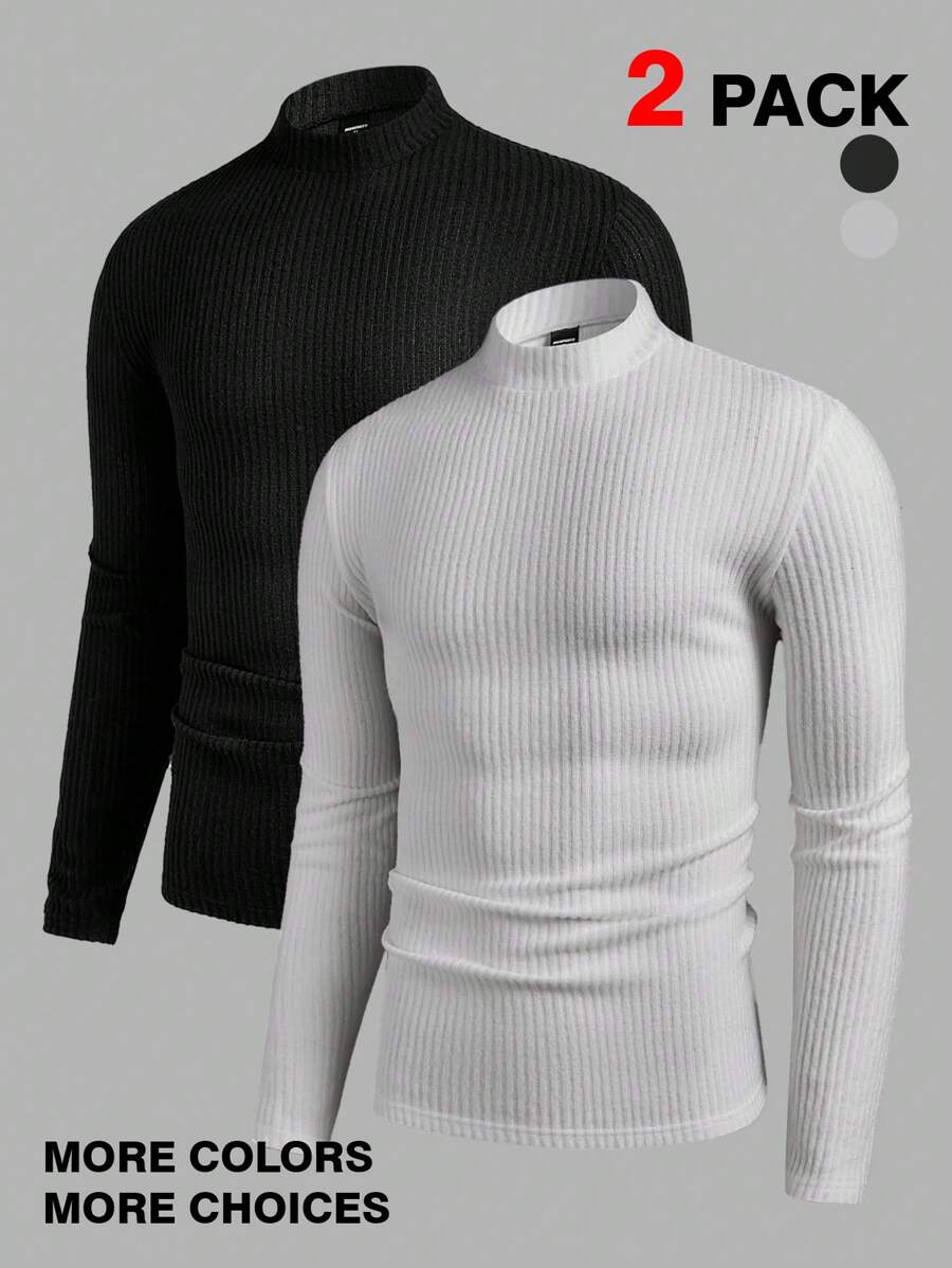 Manfinity Basics Men's 2 Pieces Knitted Fit Basic Casual Style Normal Shoulder Collar Black And White Men's T-Shirt Suitable For Autumn Matching