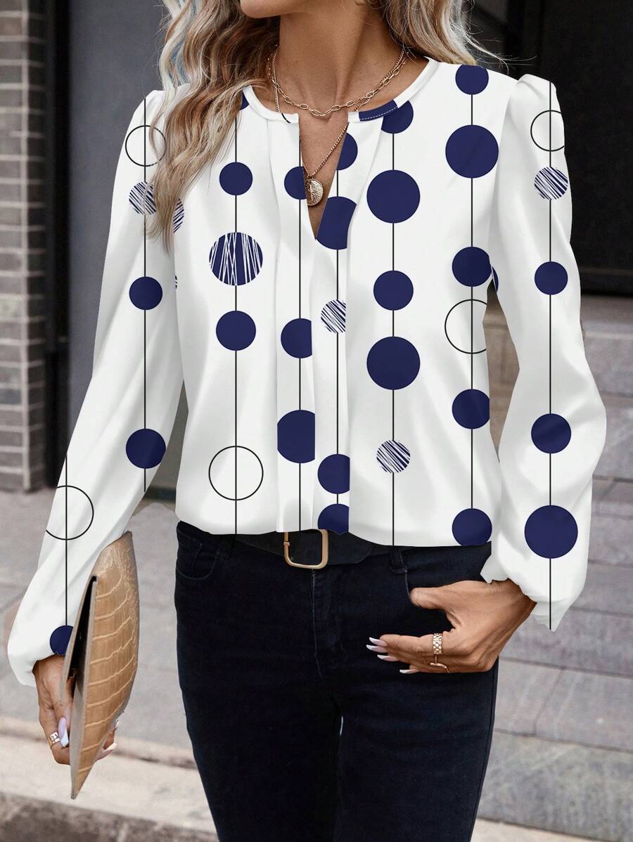 SHEIN Clasi Women's Casual Simple Geometric Print Lantern Sleeve Shirt, Suitable For Spring And Autumn Spring Clothes