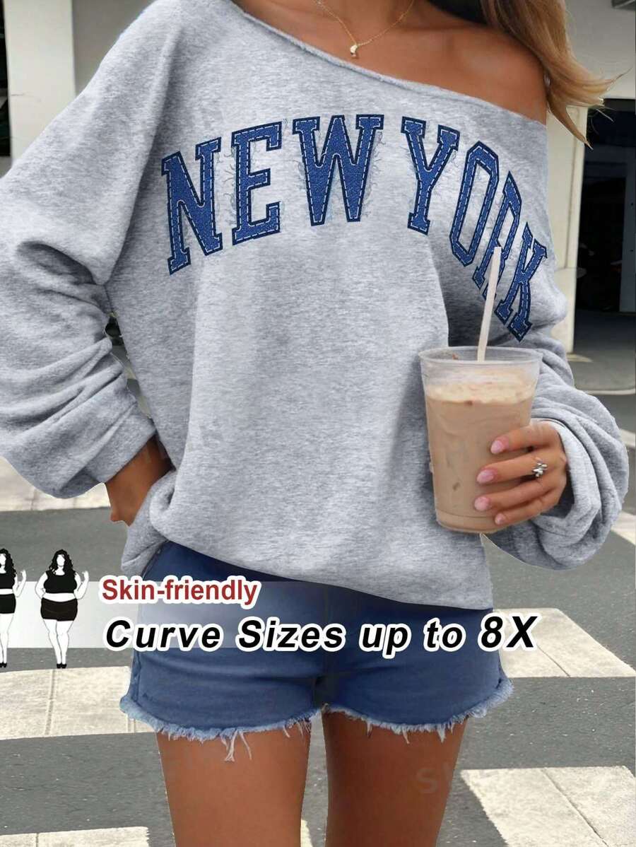 SHEIN CURVE+ Sudadera con capucha de talla extra grande casual con estampado de letras para otoño/invierno