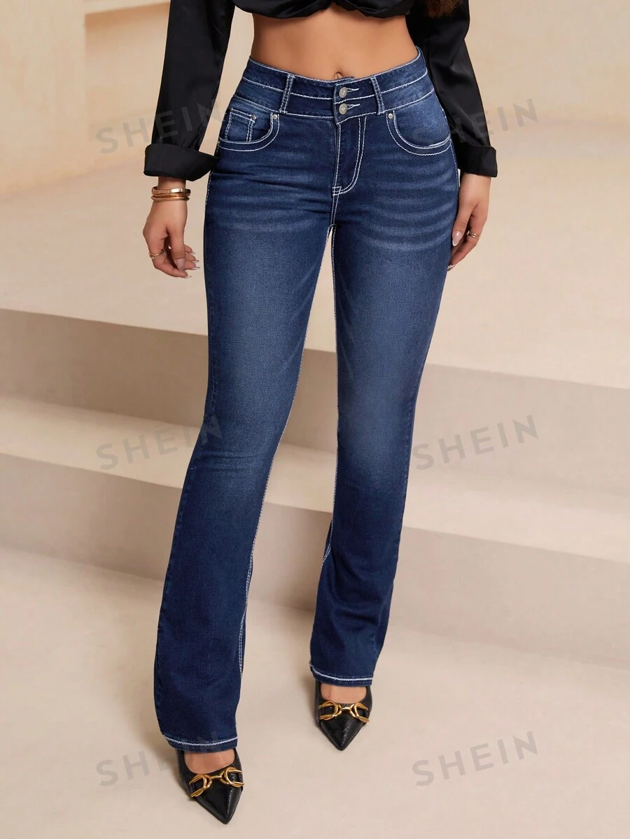 SHEIN Essnce Jeans de talle alto de mujer con elástico y vuelo de hilo grueso