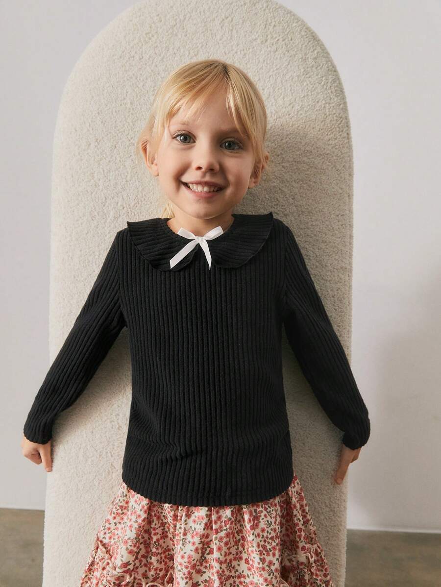 Maija Kids Maija Kids Girls' Casual Bowknot Decor Peter Pan Collar Long Sleeve T-Shirt