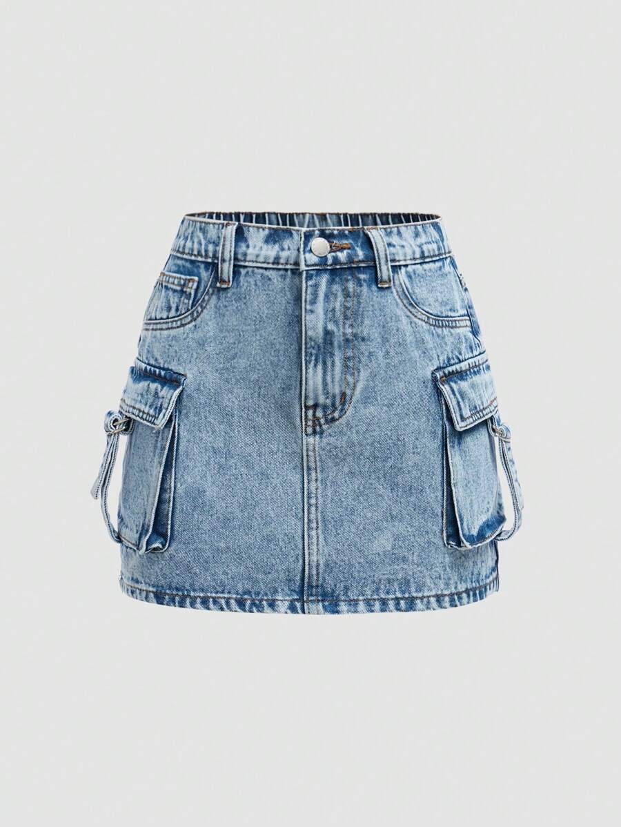 SHEIN Girlism Teen Girl Utility Pocket Short Casual Denim Mini Skirt