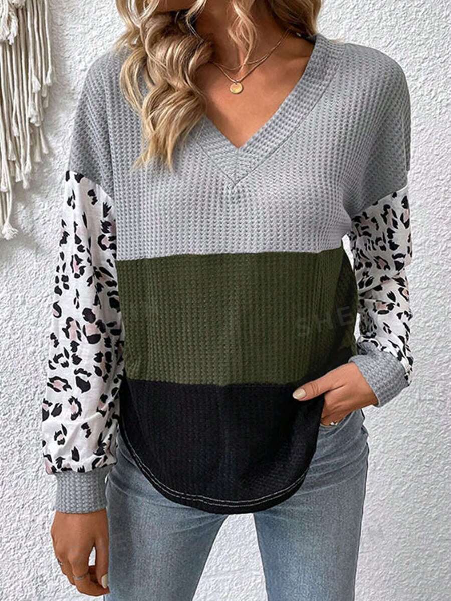 SHEIN LUNE Blusa casual de mujer con cuello en V de unicolor y mangas largas