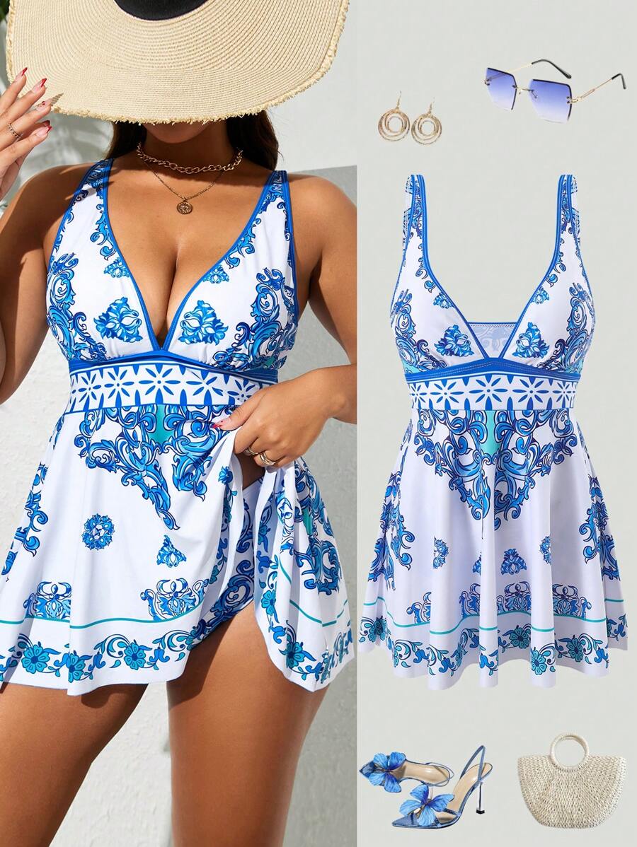 Swim Lushoire Plus Size Women Floral Print Spaghetti Strap Tankini Set, Blue & White Porcelain Pattern Elegant Two Pieces Swimsuit Set For Vacation Beach Summer