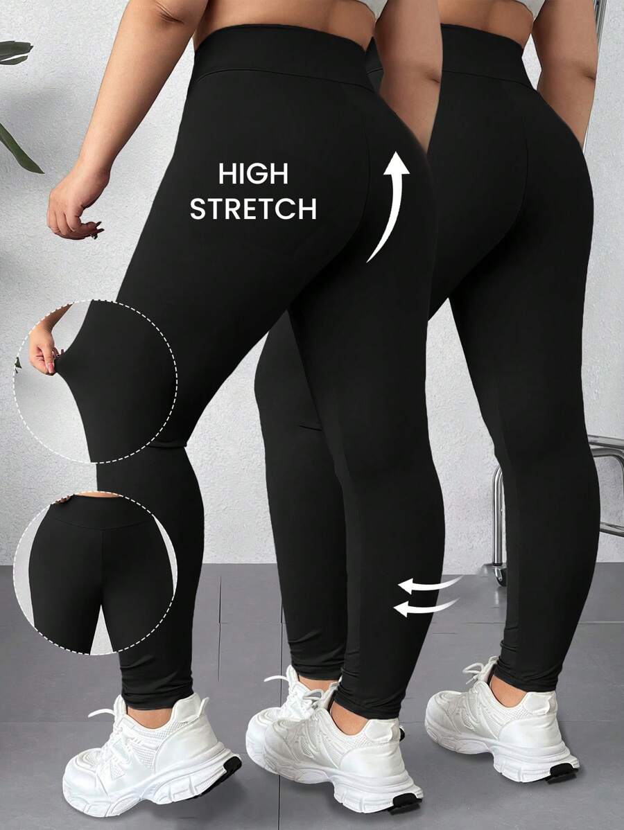 SHEIN EZwear Plus Size Czarne Leginsy Wyszczuplające z Wysokim Stanem, Swobodne i Minimalistyczne, Odpowiednie Na Wiosnę i Jesień
