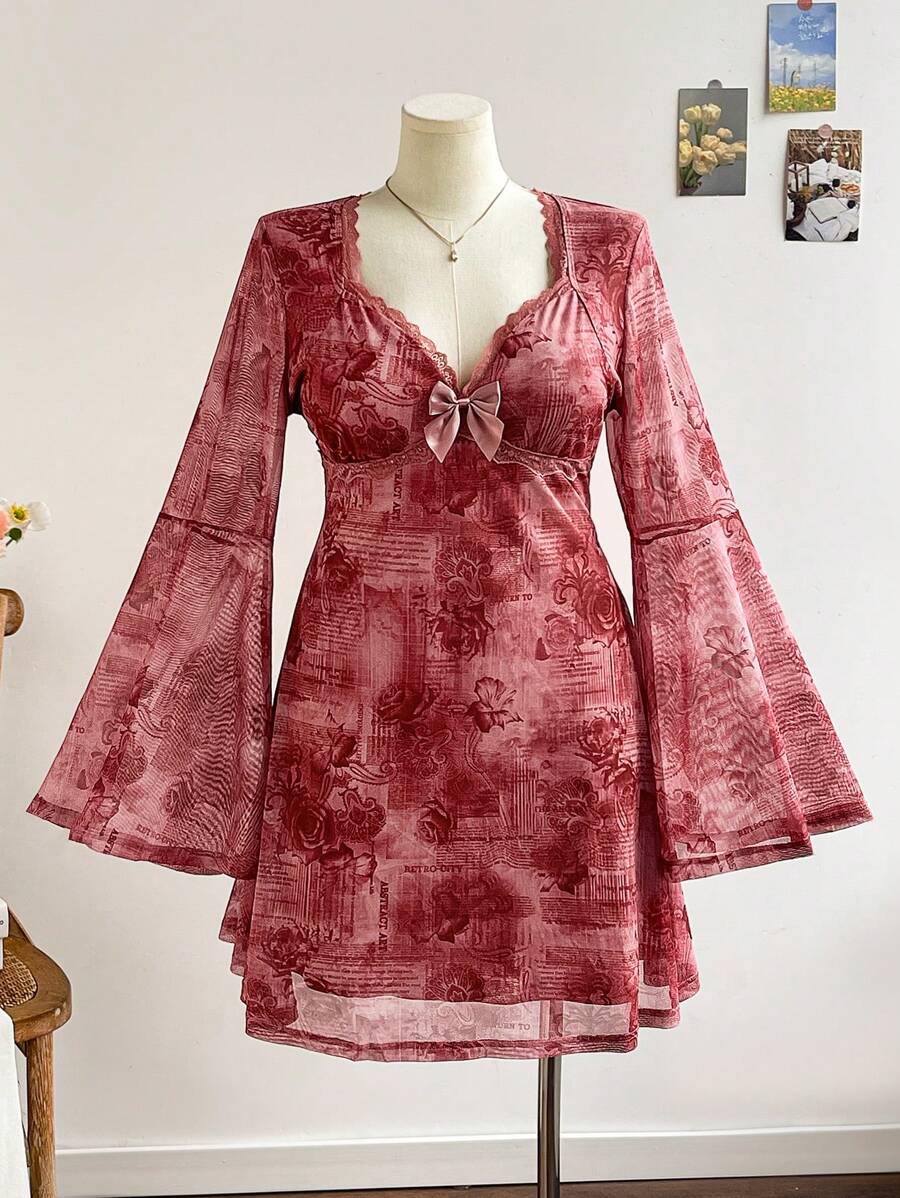 Soleia Vestido holgado estilo retro de manga larga con cuello cuadrado, con estampado de rosa rojo oscuro, ribete de encaje y estampado de malla en corte evasé para mujeres de talla grande, ideal para vacaciones