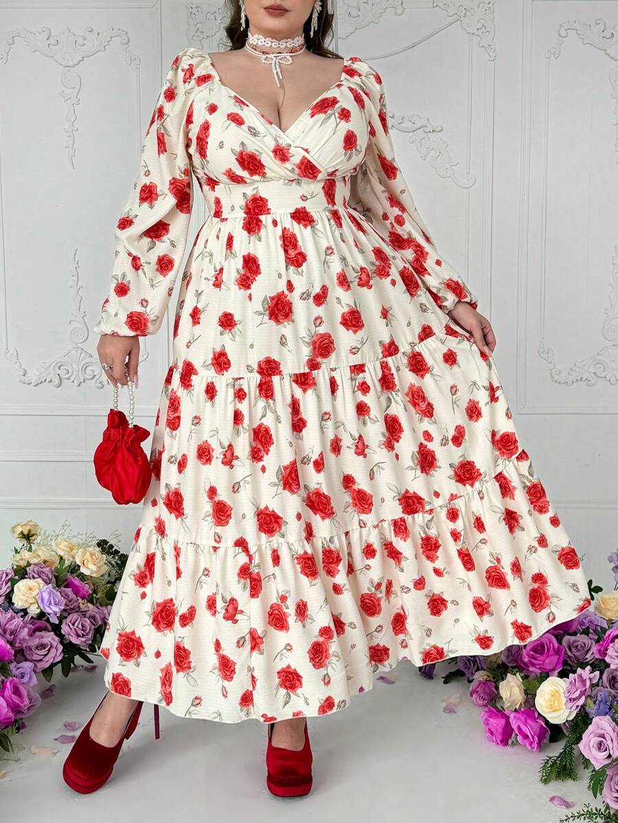 Lyrianda Plus Size Chiffon Embroidered Dress With Valentines, Rose, Heart, Polka Dot, Love, Lip, Cupid, 91D Flower Design Maxi Women Outfit