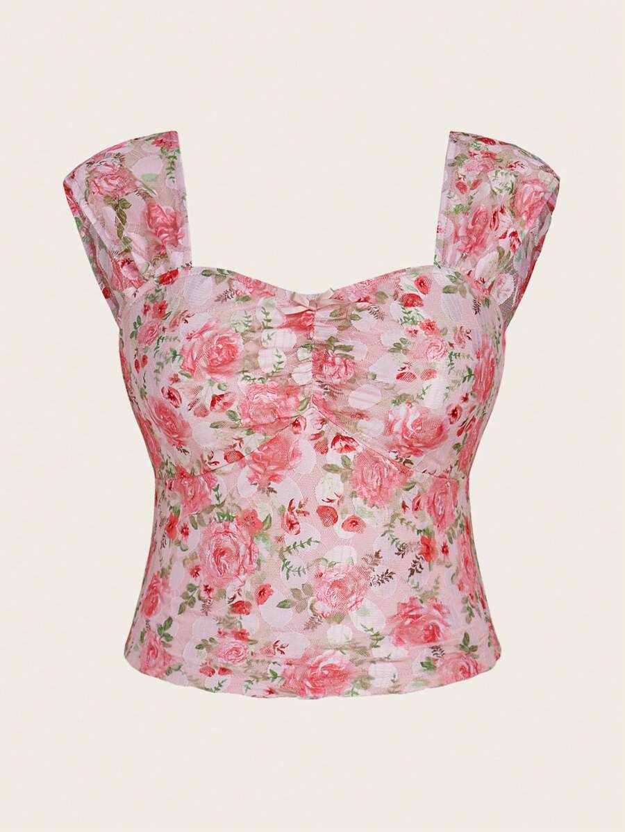 SHEIN ICON Plus Size Square Neck Front Ruched Rose Floral Knit T-Shirt