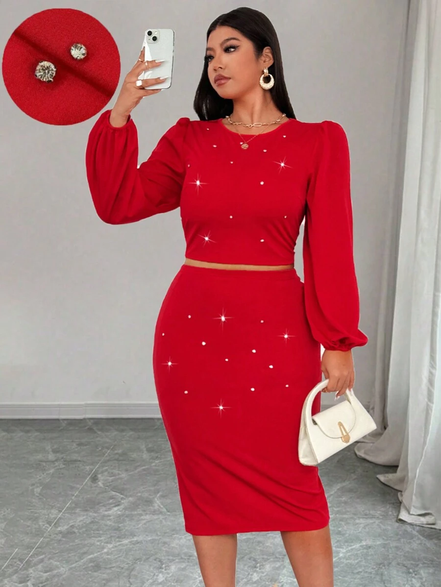 Celure 2pcs Women Plus Size Elegant Solid Color Rhinestone Decor Round Neck Puff Sleeve Christmas Party & Date Night T-Shirt With Mini Skirt Set For New Year Clothes