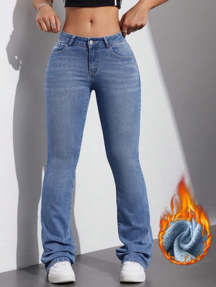 SHEIN EZwear Dames Flare Jeans Met Zakken, Casual Veelzijdige Dikke Stijl