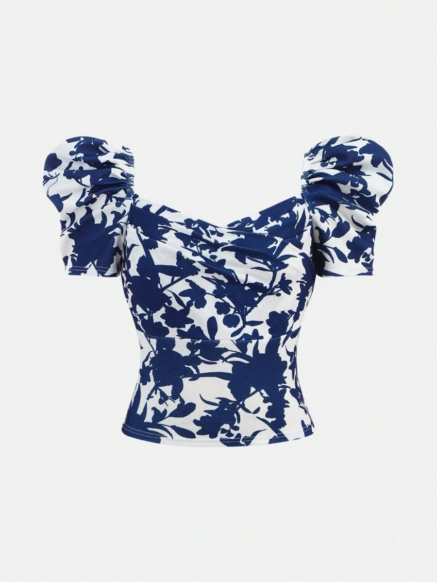 SHEIN Girlism T-shirt à col en cœur et manches bouffantes, imprimé floral élégant, bleu et blanc, idéal pour les vacances, pour adolescentes filles