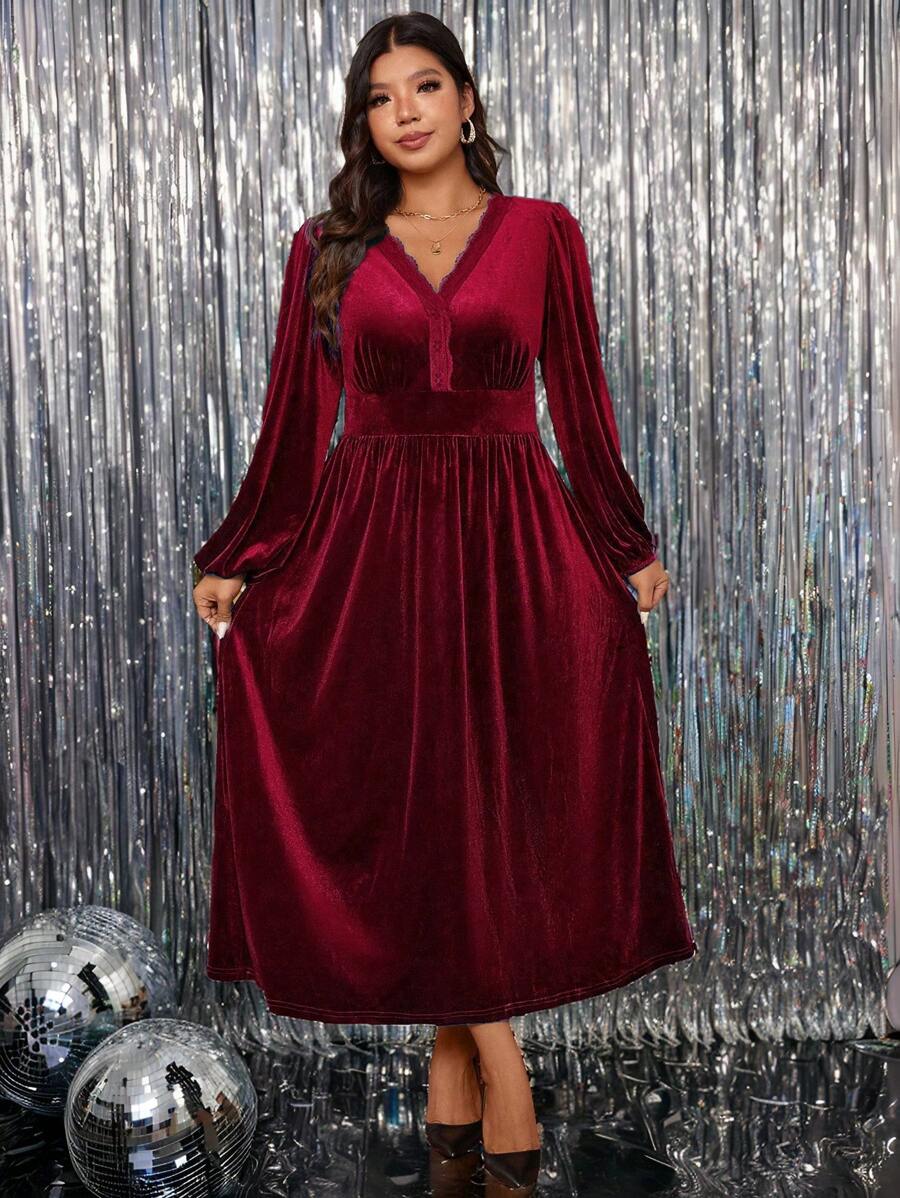 SHEIN Clasi Plus Size Women Valentine's Day Velvet Patchwork Ruffle Hem Regular Fit Elegant Long Sleeve Red Dress, Autumn/Winter
