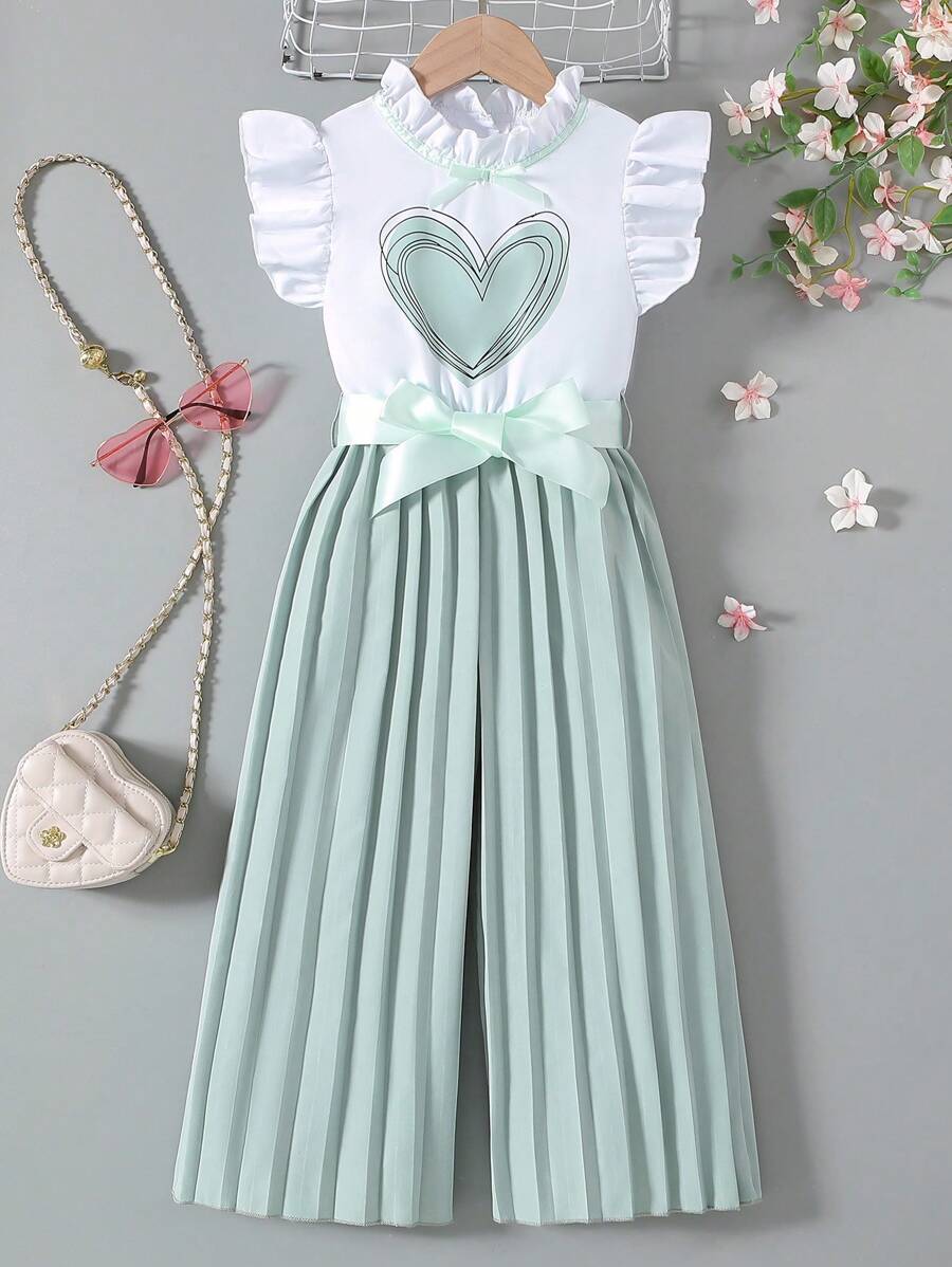 SHEIN Conjunto de niña elegante y de moda para el verano, blusa de manga corta y pantalones palazzo de pierna ancha